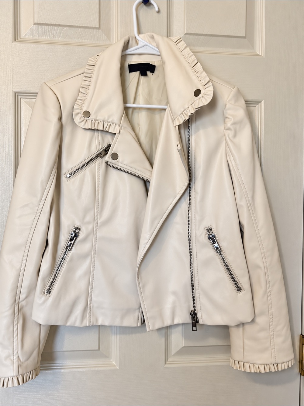 Dance & Marvel Cream Faux Leather Ruffle Collar Moto Jacket